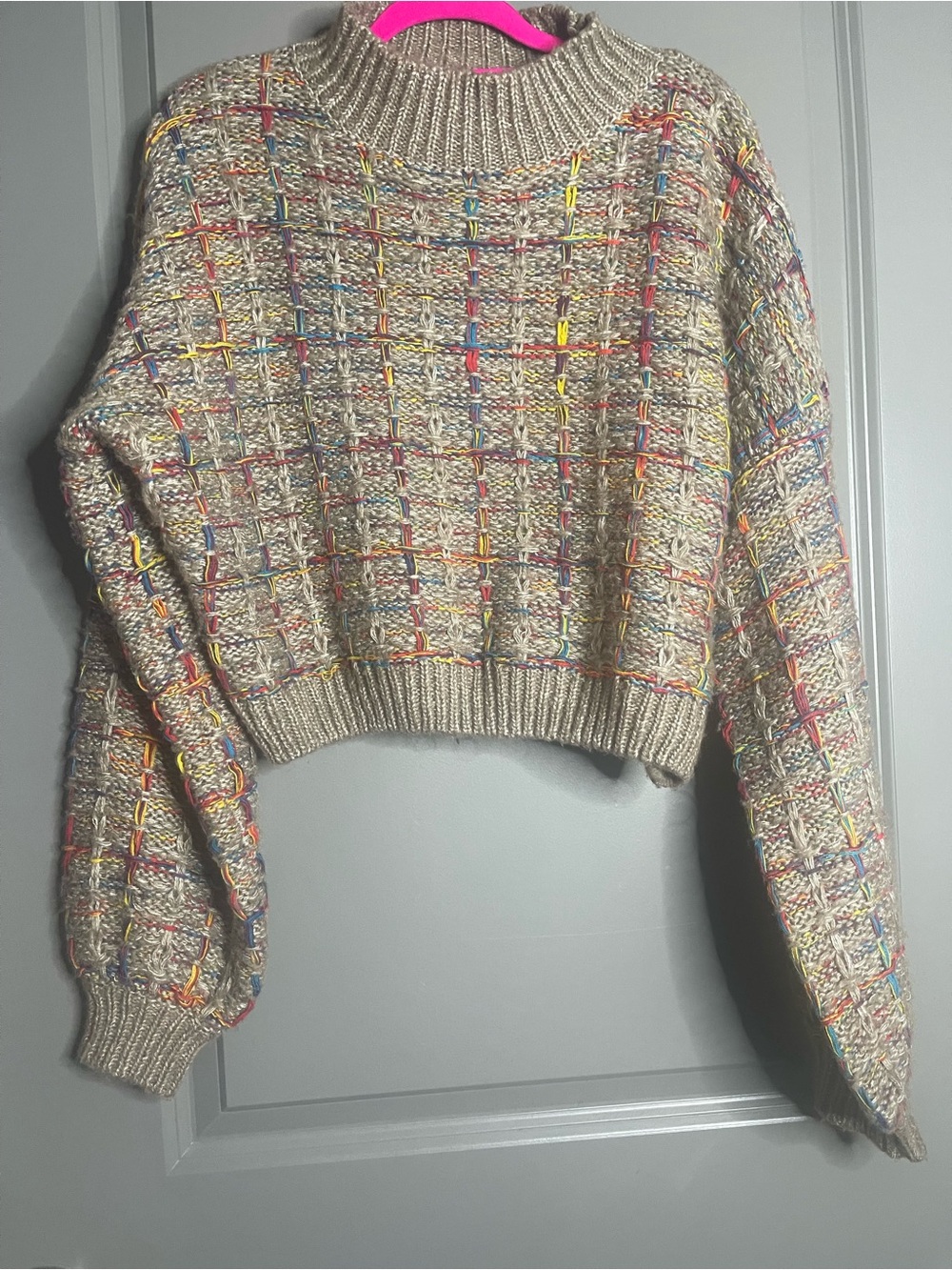 SHEIN Beige Cropped Turtleneck Sweater with Multicolor Stitching